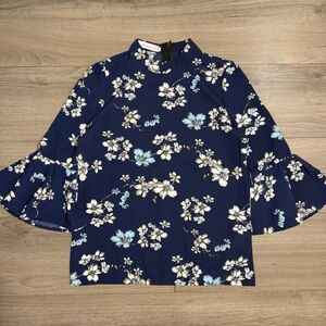 Vintage Structured Floral Bell-Sleeve Top - Navy